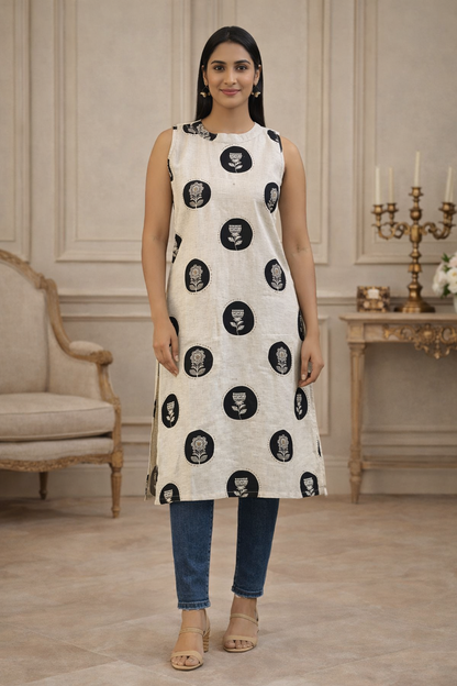 Black & Cream Polka Halter Cotton Kurta