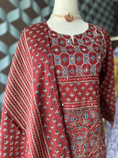 Red Maroon Cotton Suit Set