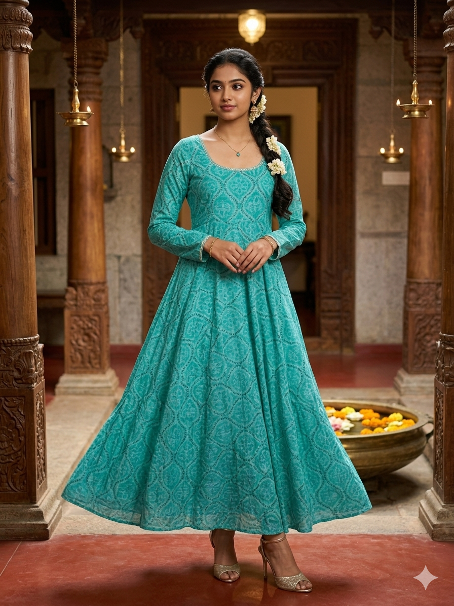 Bhandini Aqua Blue Cotton Anarkali
