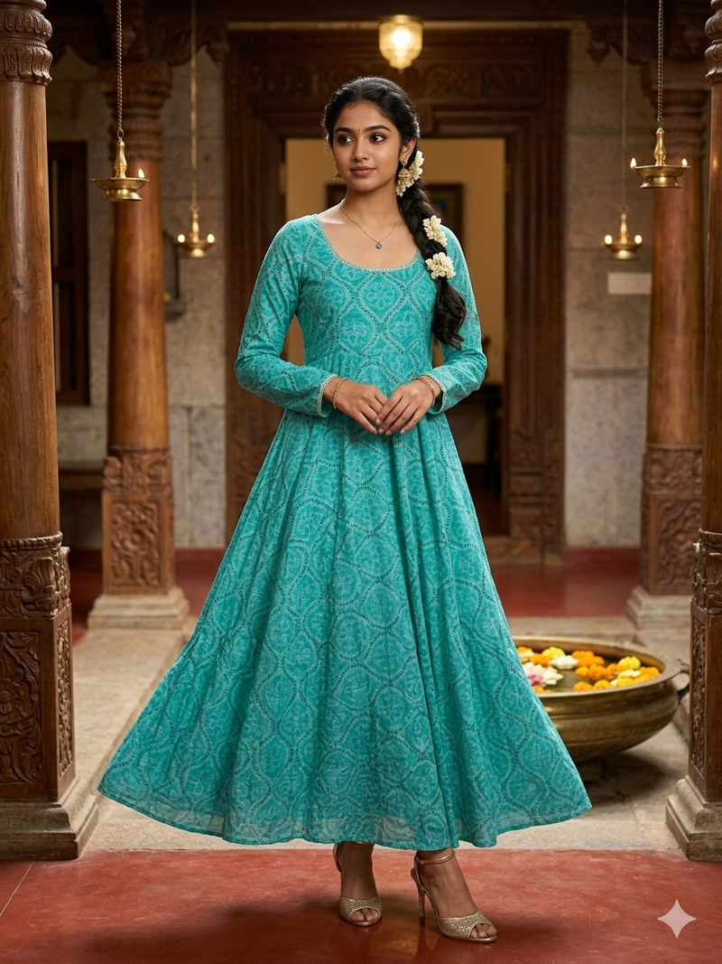 Bhandini Aqua Blue Cotton Anarkali