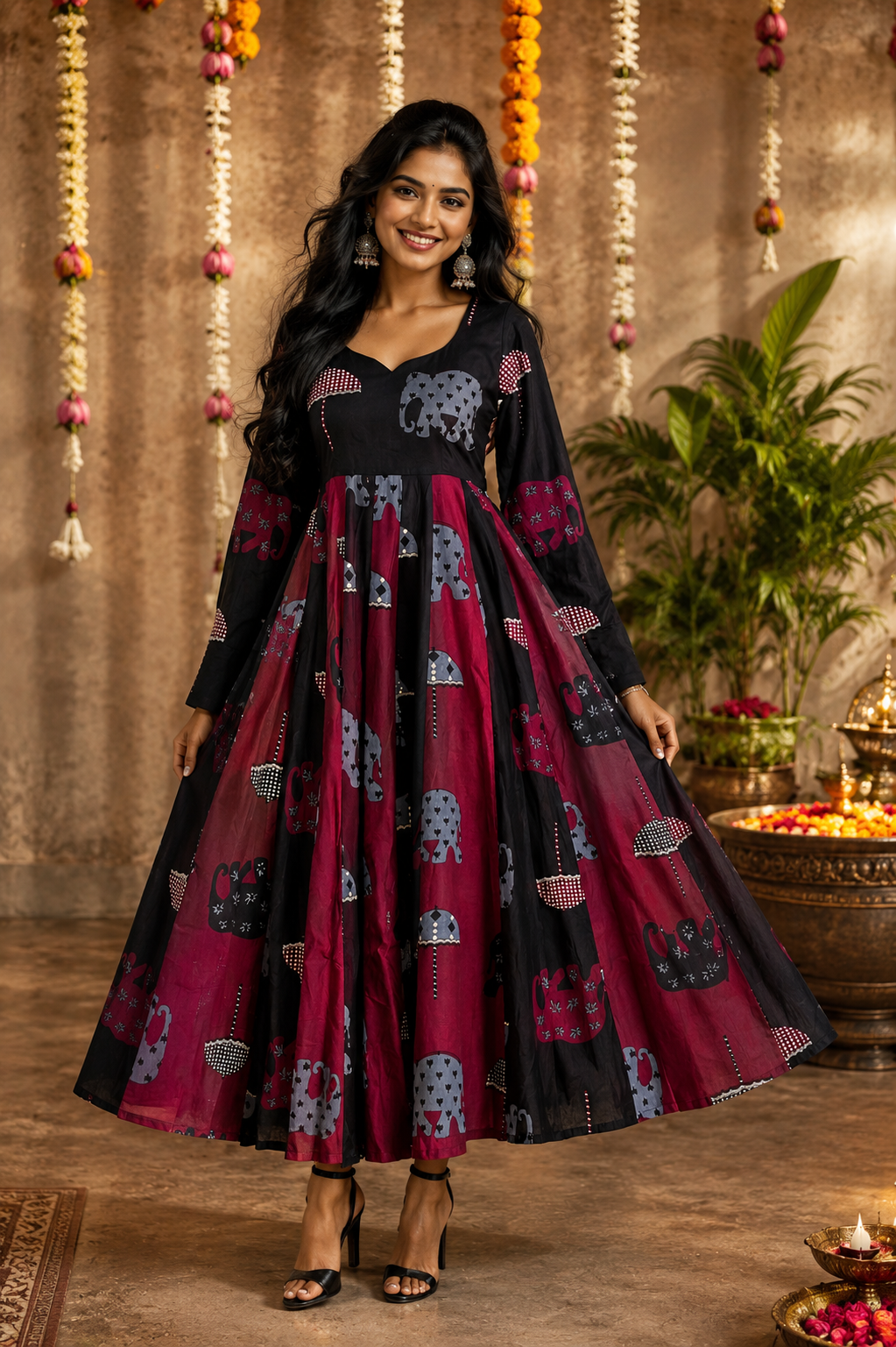 Elephant Print Cotton Anarkali Dress – Black & Burgundy