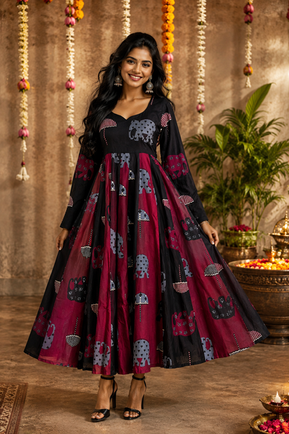 Elephant Print Cotton Anarkali Dress – Black & Burgundy