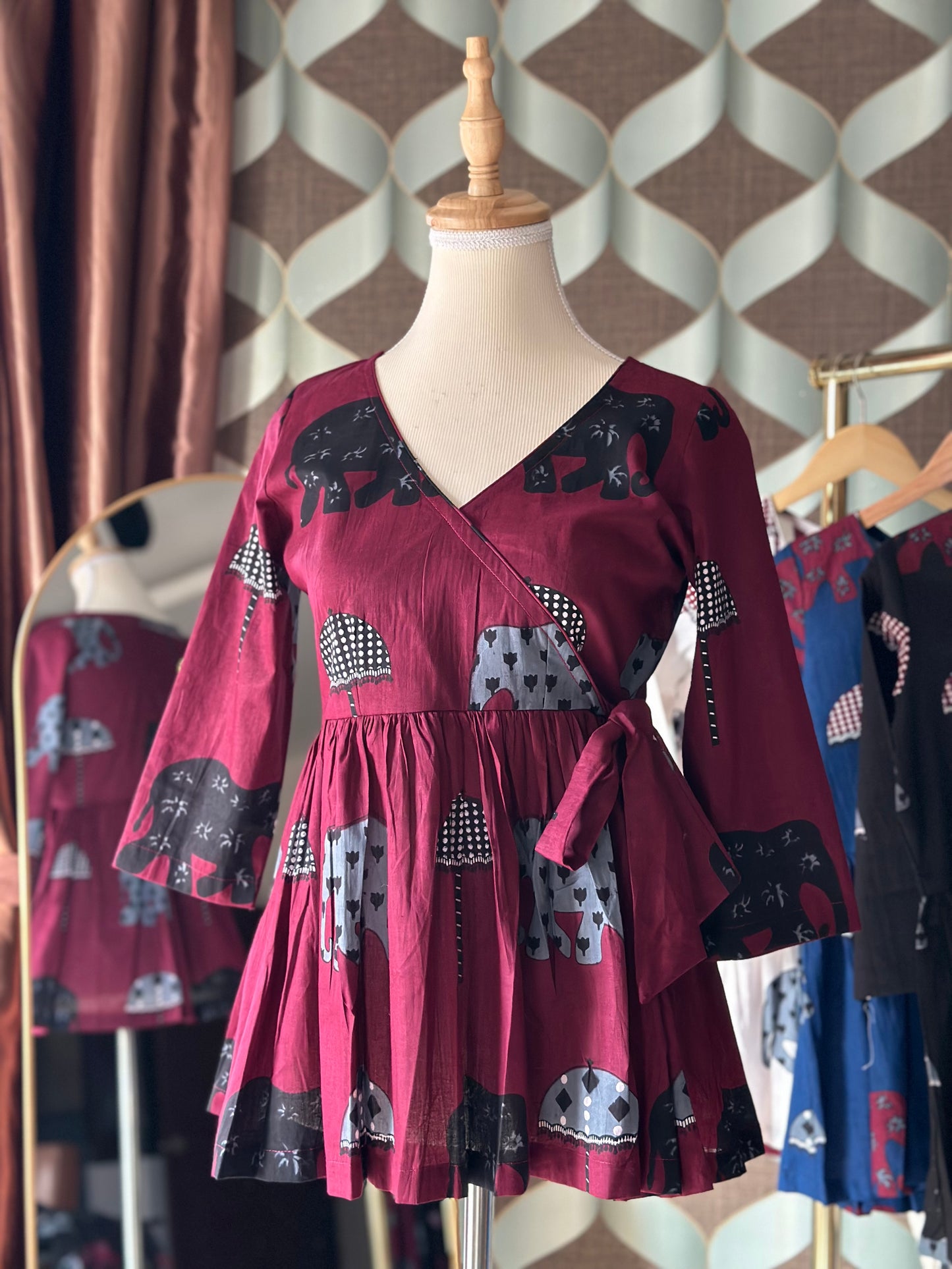 Burgundy Elephant Print Cotton Short Top