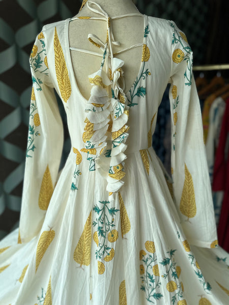 Mul Cotton Yellow&Cream Anarkali