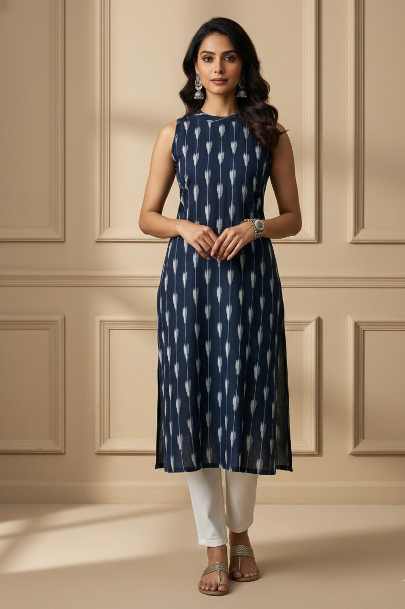 Indigo & White Ikkat Halter Cotton Kurta