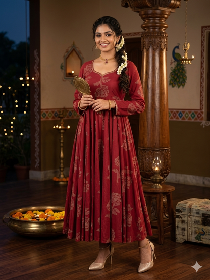 Maroon Red Rose Cotton Anarkali