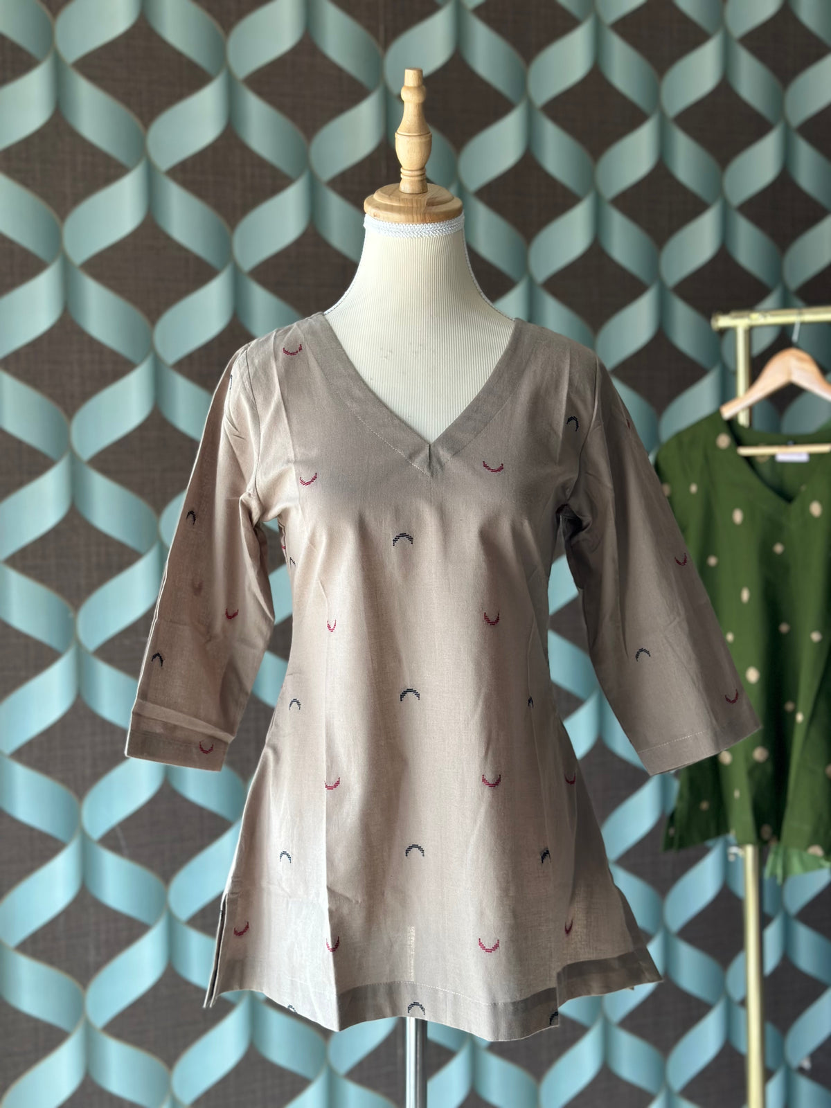 Khaki Beige Handloom Cotton V-Neck Top