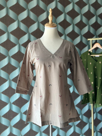 Khaki Beige Handloom Cotton V-Neck Top