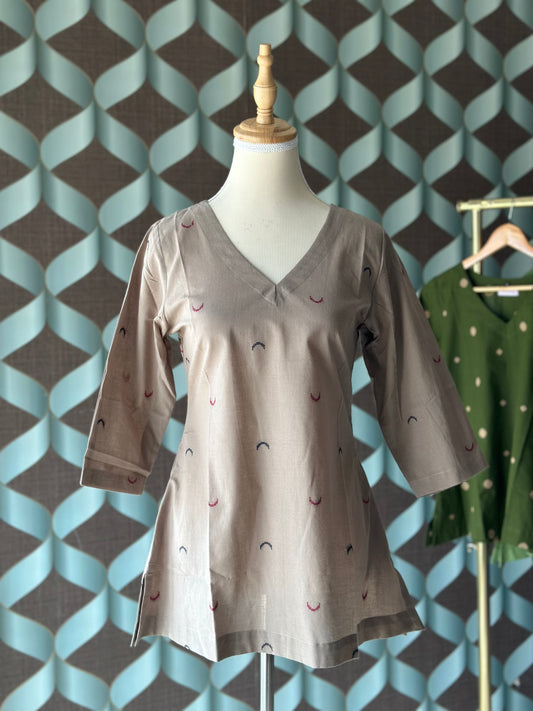 Khaki Beige Handloom Cotton V-Neck Top
