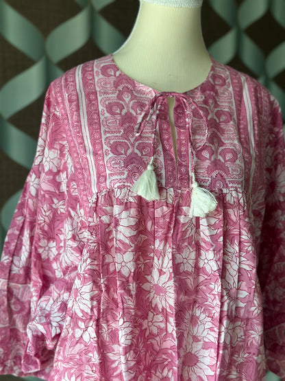 Pastel Pink Floral Handblock Printed Boho Top