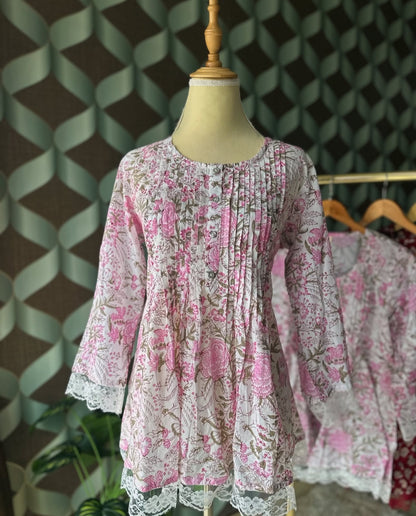 Pink Floral Print Cotton Peplum Top
