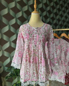 Pink Floral Print Cotton Peplum Top