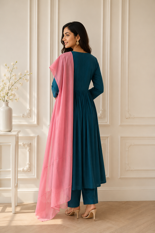 TANIKA Deep Teal Pure Cotton Anarkali Set with Peach Mul Cotton Dupatta