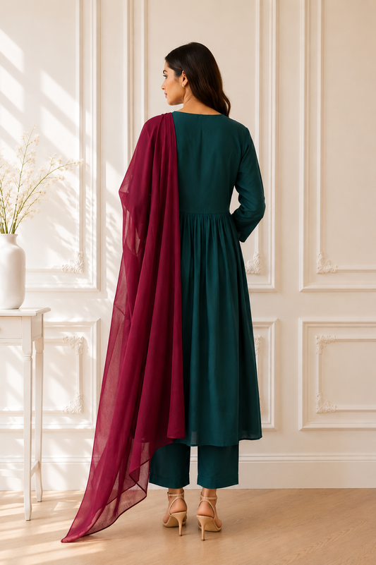 TANIKA Dark Green Pure Cotton Anarkali Set with Red Mul Cotton Dupatta