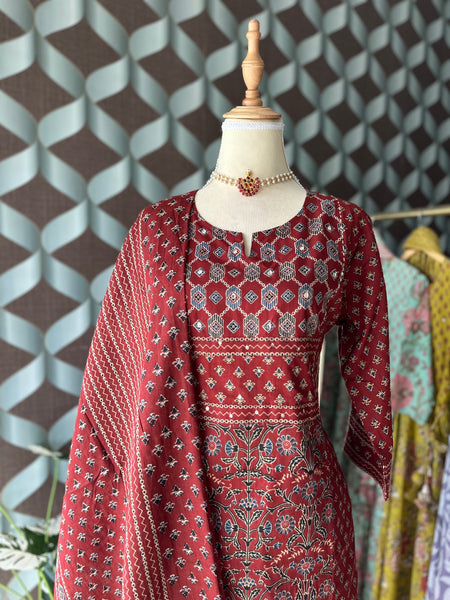 Red Maroon Cotton Suit Set