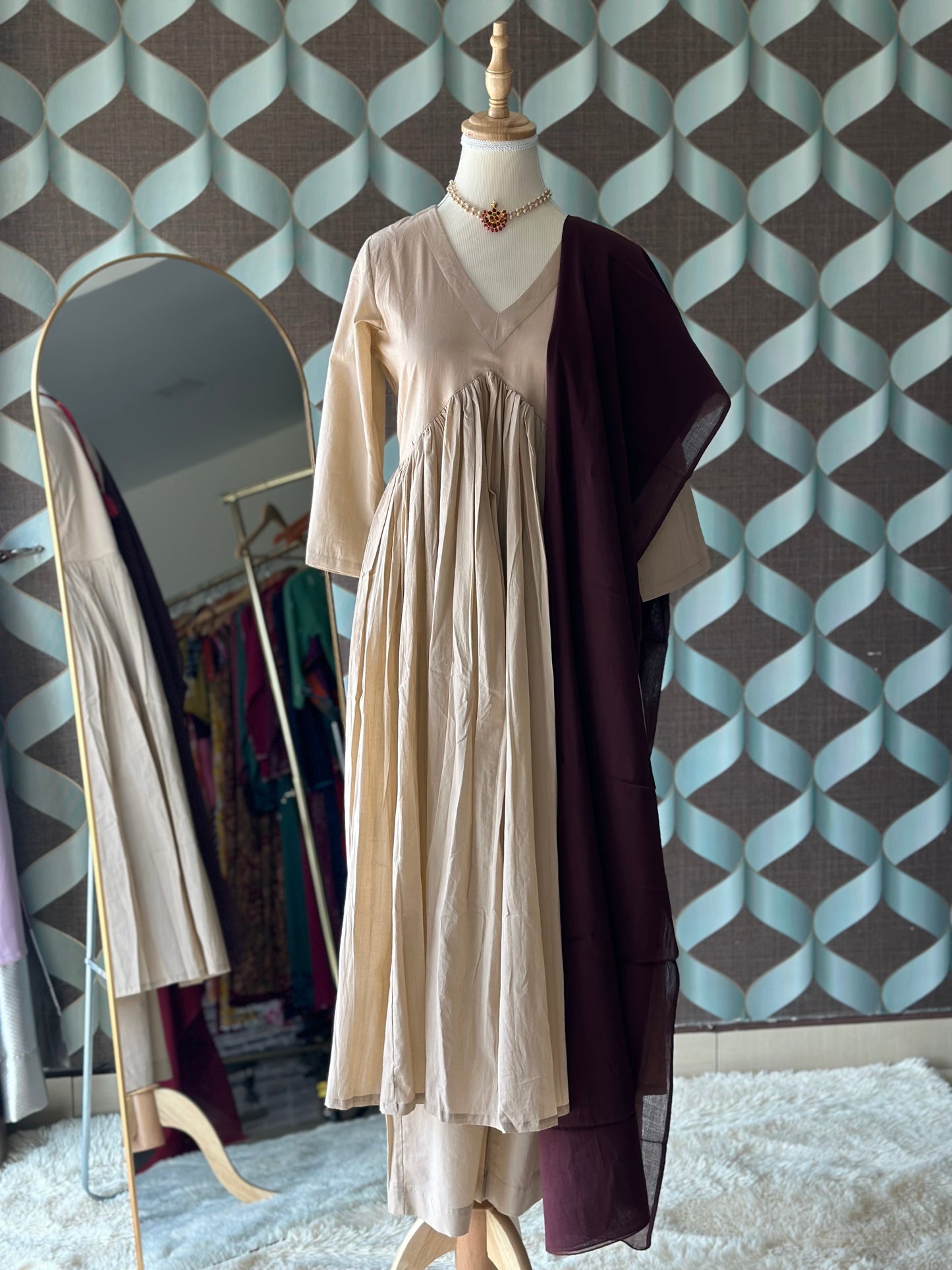 TANIKA Beige Pure Cotton Anarkali Set with Burgundy Mul Cotton Dupatta