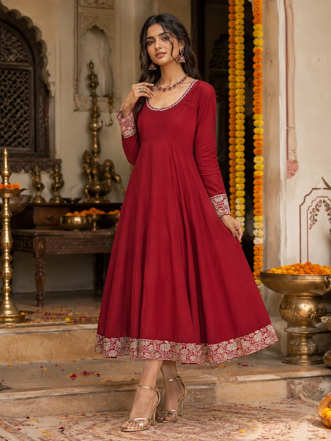 Kum Kum Red Cotton Anarkali