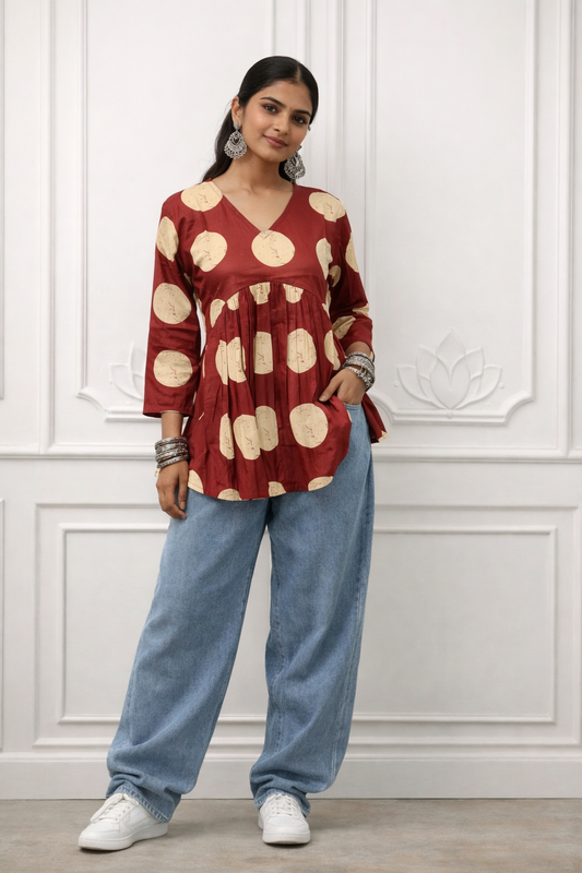 Maroon & Beige Polka Top
