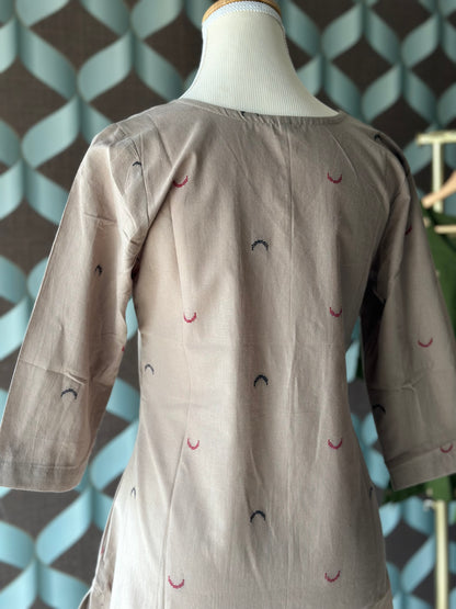 Khaki Beige Handloom Cotton V-Neck Top