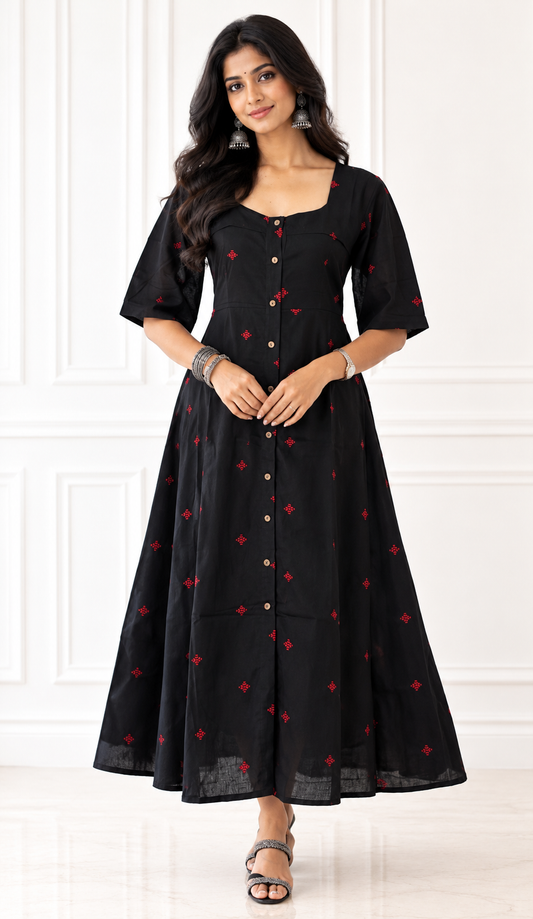 Black Handloom Cotton A-Line Midi Dress