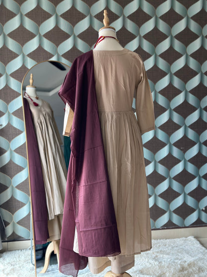 TANIKA Beige Pure Cotton Anarkali Set with Burgundy Mul Cotton Dupatta