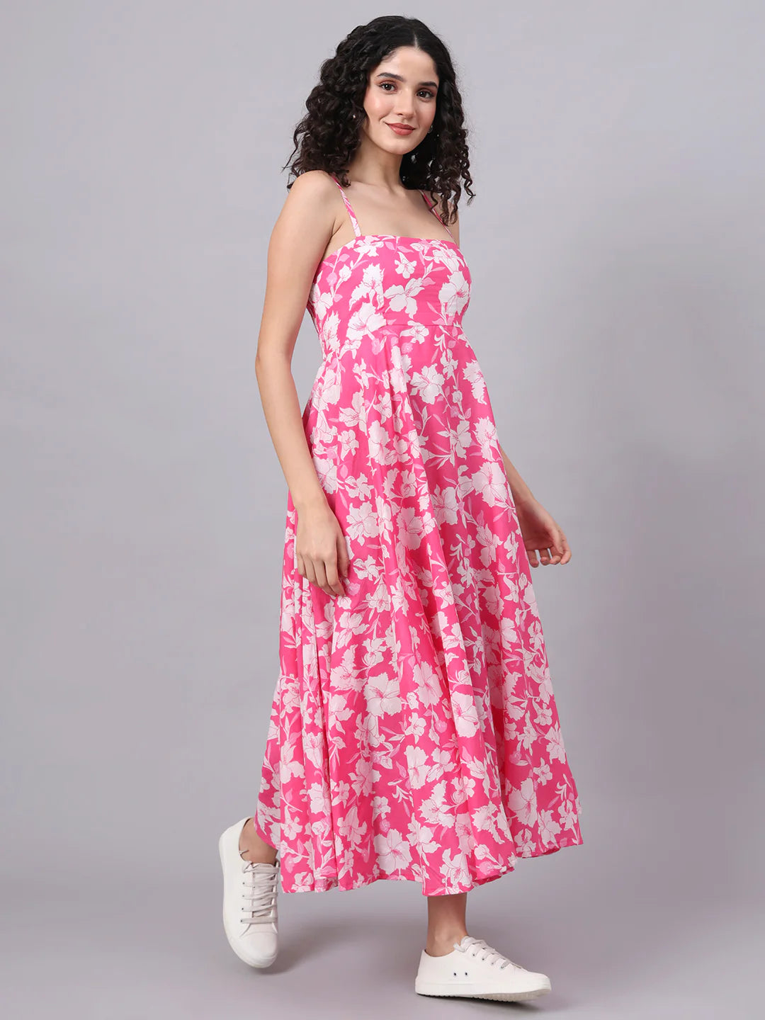 Pink Floral Strap Summer Dress