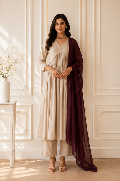 TANIKA Beige Pure Cotton Anarkali Set with Burgundy Mul Cotton Dupatta