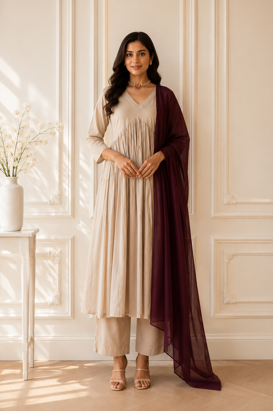 TANIKA Beige Pure Cotton Anarkali Set with Burgundy Mul Cotton Dupatta