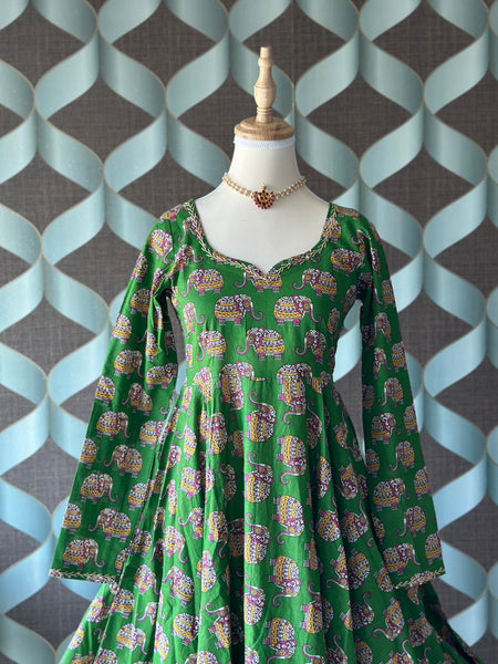 Green Cotton Elephant Anarkali