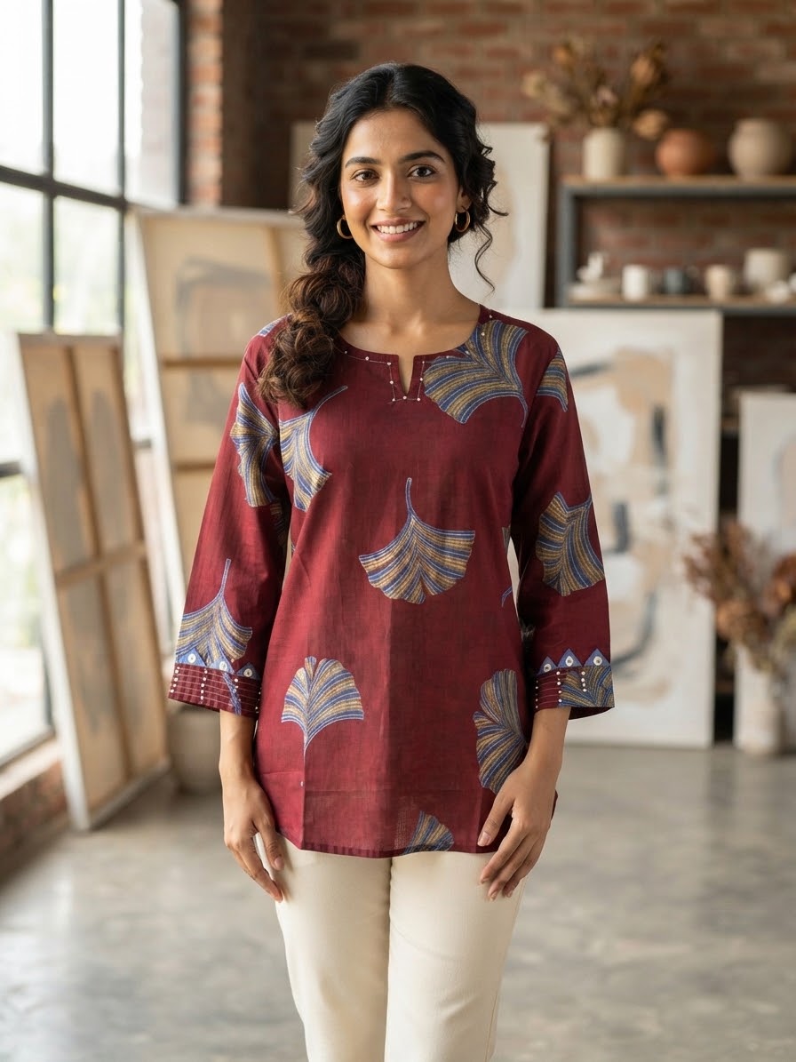 Maroon Printed Cotton Short Top