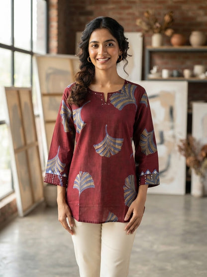 Maroon Printed Cotton Short Top