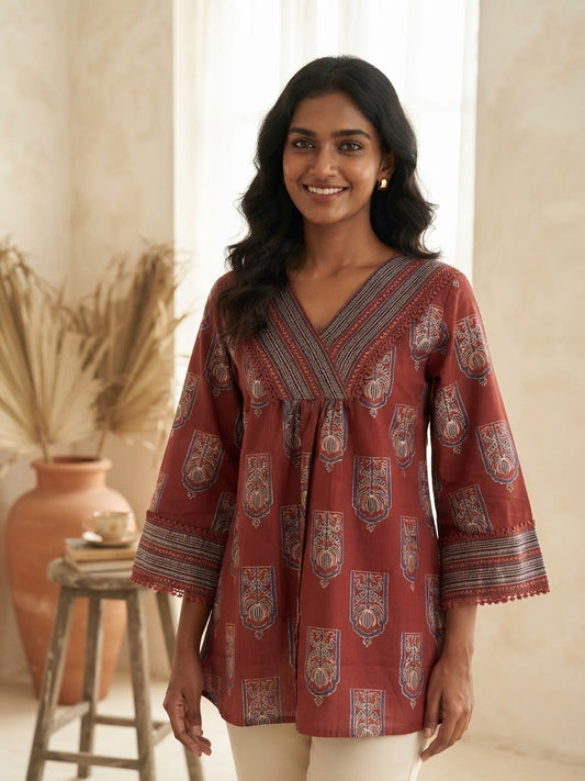 Terracotta Heritage Print Cotton Short Top