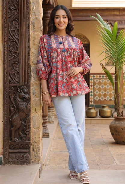 Red Floral Handblock Printed Boho Top