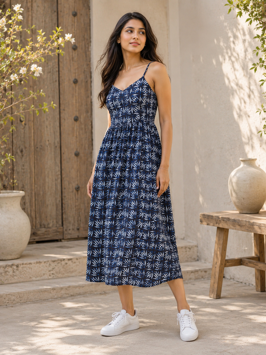 Blue Booti Handblock Printed Sleeveless Midi Dress