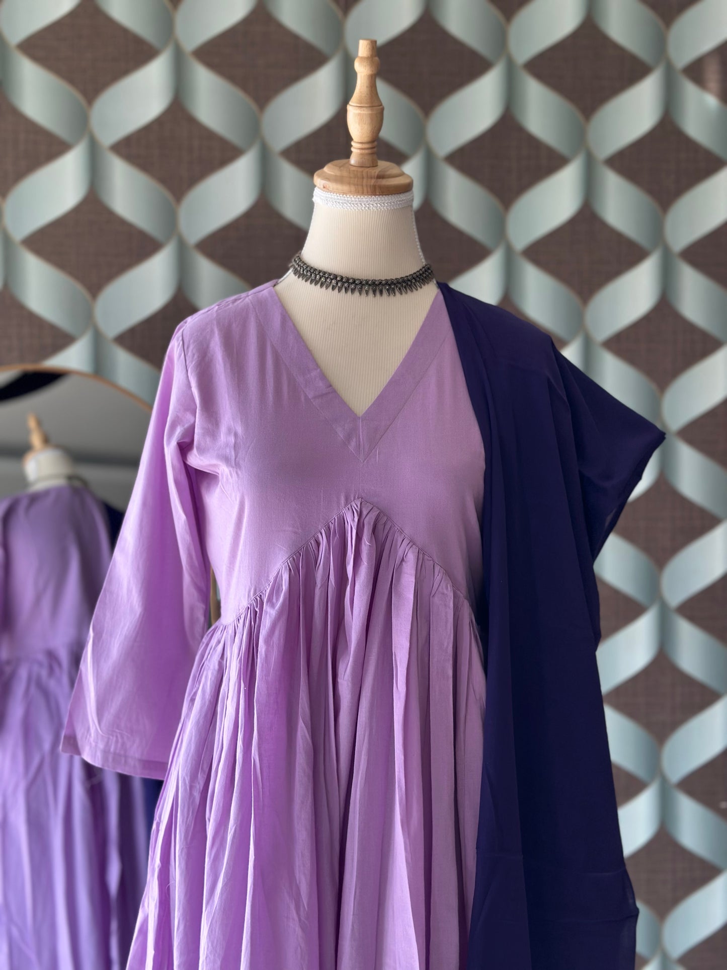 TANIKA Lavender Bliss Pure Cotton Anarkali Set with Blueberry Mul Cotton Dupatta