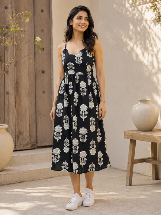 Black Floral Printed Sleeveless Midi Dress