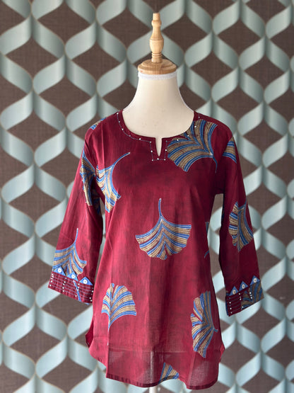 Maroon Printed Cotton Short Top