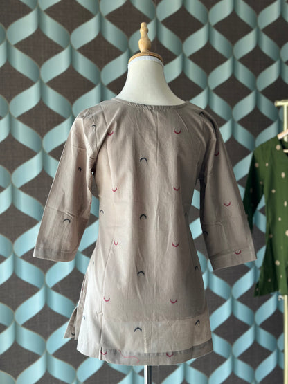 Khaki Beige Handloom Cotton V-Neck Top