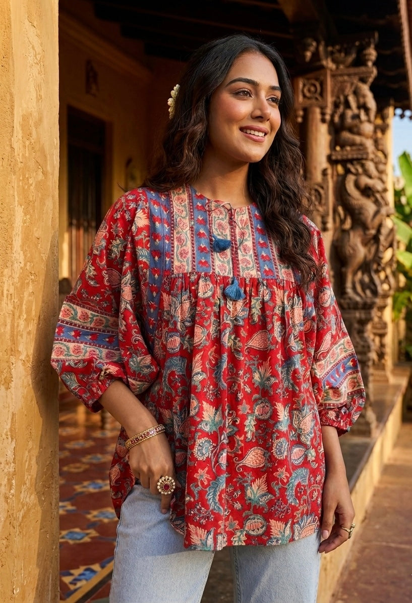 Red Floral Handblock Printed Boho Top