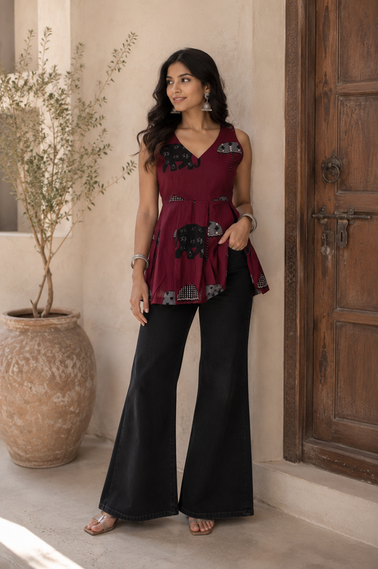 Burgundy Elephant Print Cotton Sleeveless Top