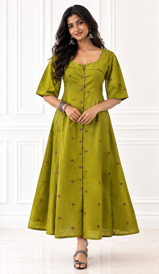 Handloom Cotton A-Line Midi Dress – Olive Green