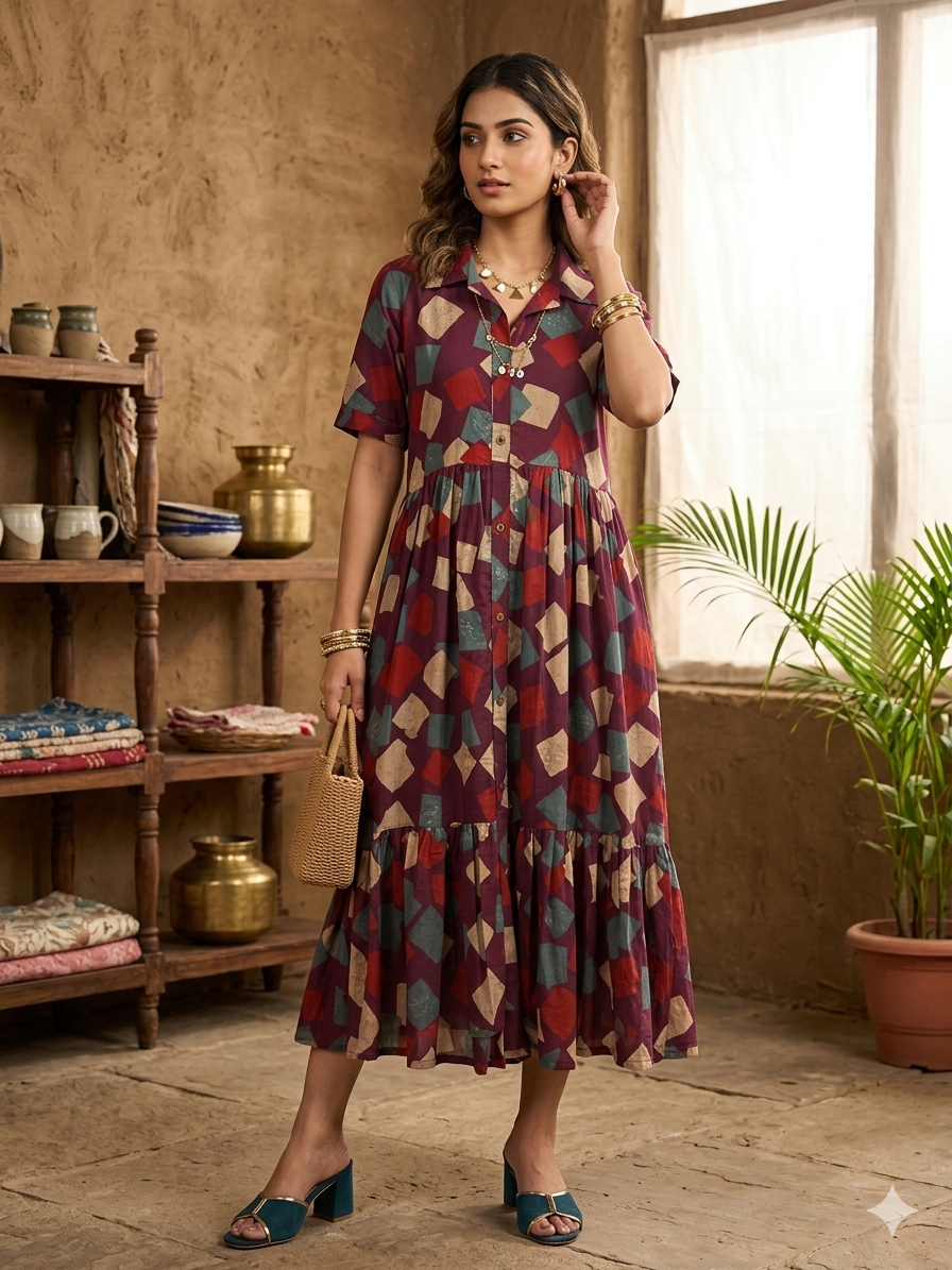 Mosaic Burgundy Midi Dress