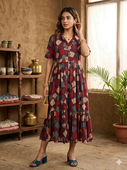 Mosaic Burgundy Midi Dress