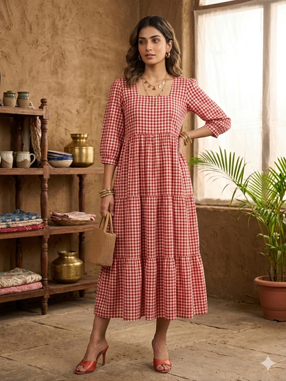 Red Gingham Midi Dress