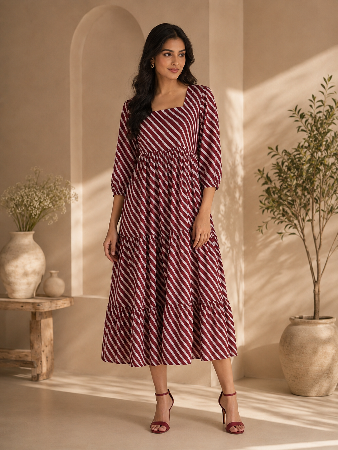 Brick Red Lehariya Midi Dress