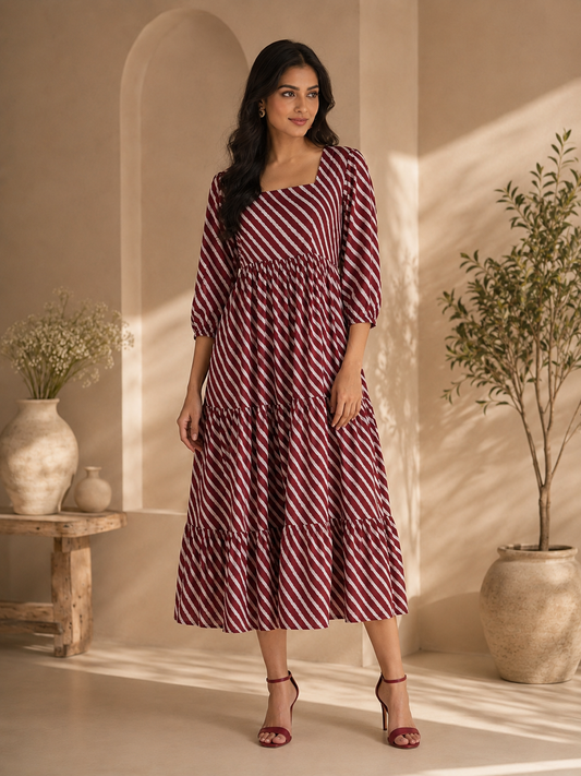 Brick Red Lehariya Midi Dress