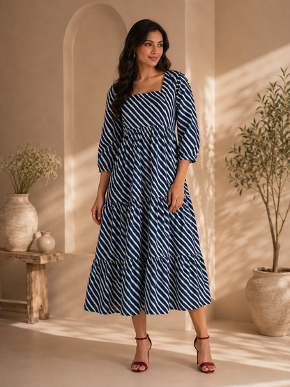 Navy Blue Lehariya Midi Dress