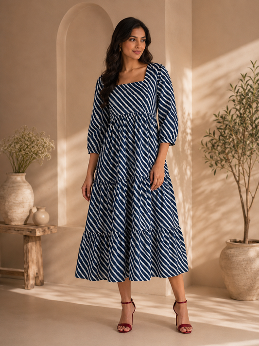 Navy Blue Lehariya Midi Dress