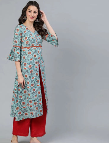 Mint & Red Floral Kurta With Palazzo Set