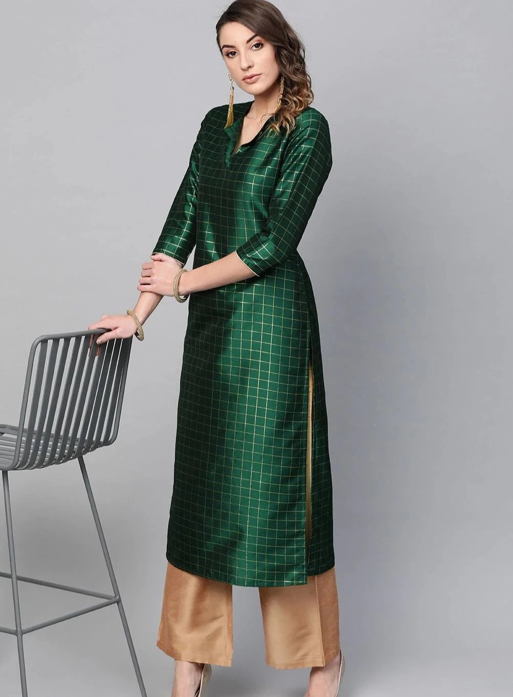 Green & Gold Checked Kurta